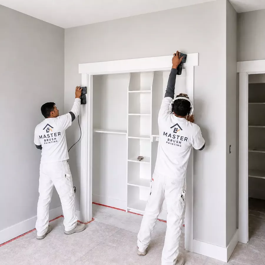 Two Master Brush painters sanding closet trim before paint